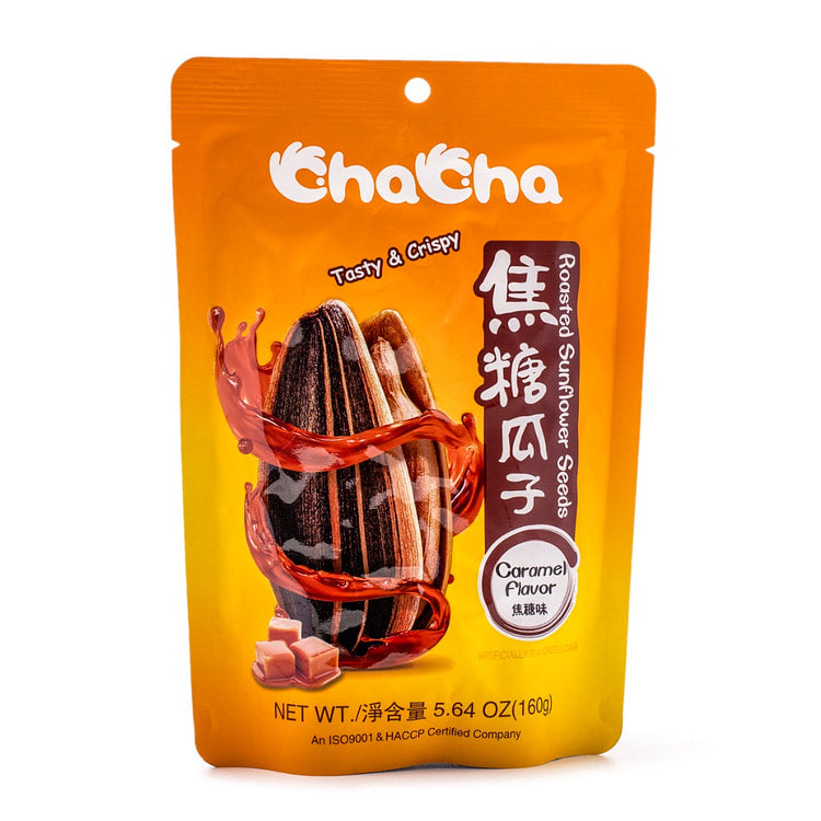 恰恰焦糖味瓜子包装，金黄色调突出甜蜜口感