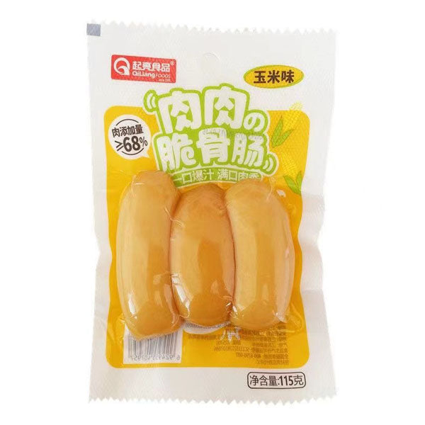 起亮脆骨肠玉米味包装正面，展示含真实软骨颗粒的即食香肠