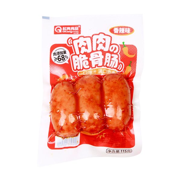 起亮脆骨肠香辣味包装正面，展示含真实软骨颗粒的即食香肠