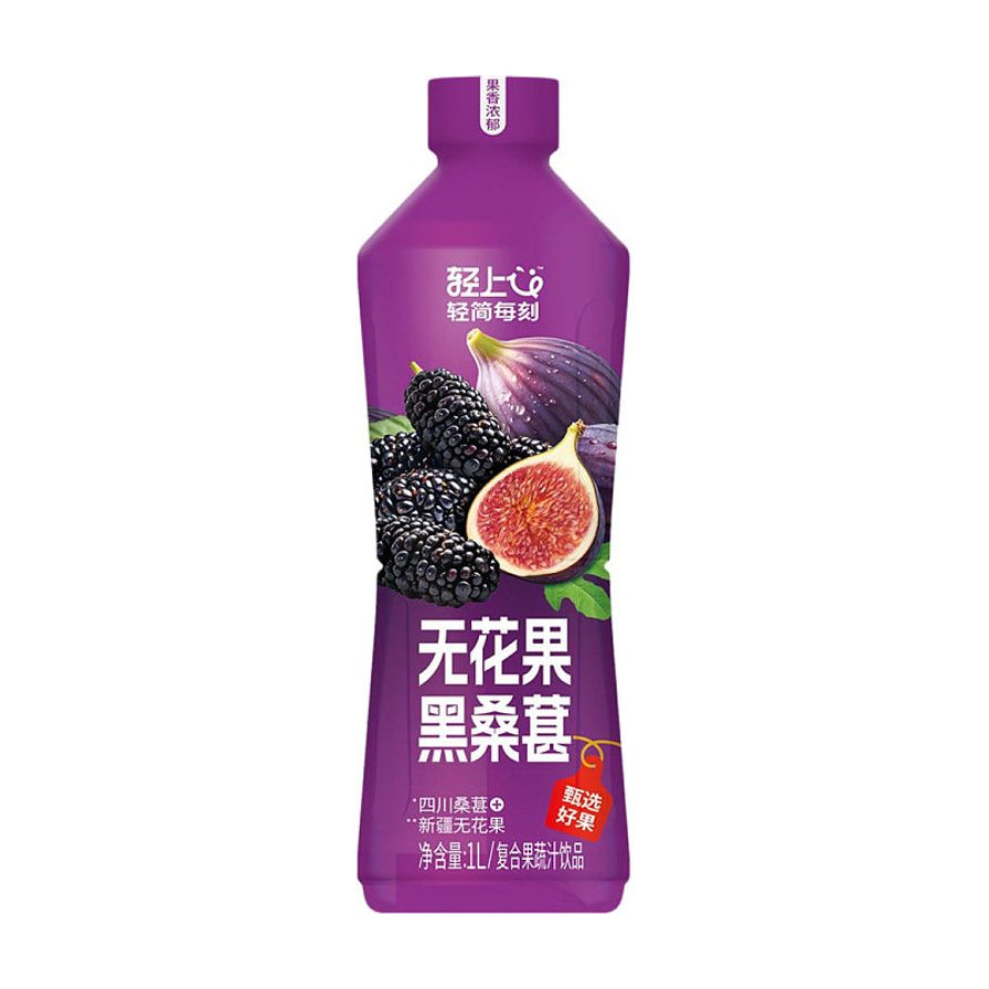 轻上无花果黑桑葚汁 1L 装正面产品图，紫色瓶身印有品牌 Logo、无花果与黑桑葚果实图案及产品名称。