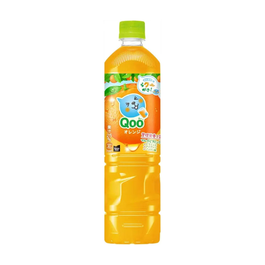 酷儿 Qoo 橘子味果汁饮料 950ml 大瓶装正面图，瓶身印有蓝色卡通形象和橙色橘子图案，绿色瓶盖。