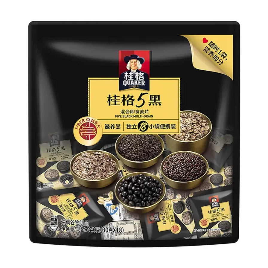 桂格5黑混合即食麦片包装正面图，展示黑芝麻、黑米、黑豆、黑麦、黑小麦五种黑色食材，标注18小袋独立便携装。