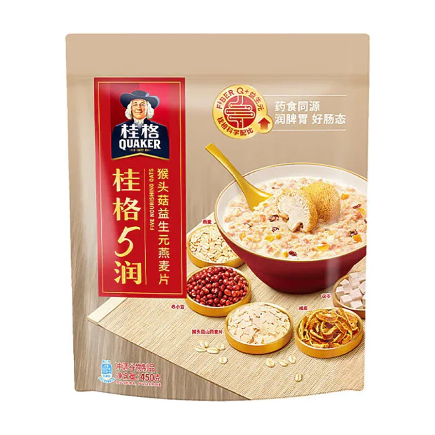 桂格5润猴头菇益生元燕麦片450g包装正面图，展示了冲调好的燕麦糊、猴头菇、红豆、山药等配料。