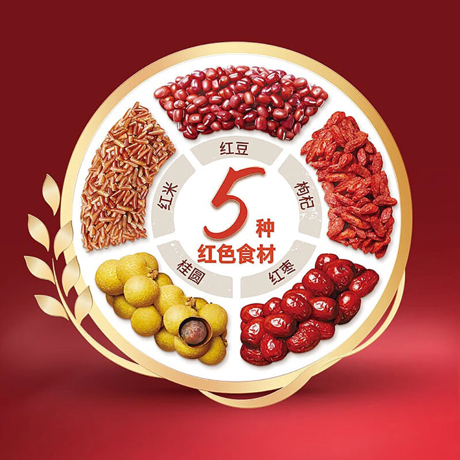 桂格5红麦片食材细节图，圆形构图展示红豆、红米、红枣、枸杞、桂圆五种红色食材。