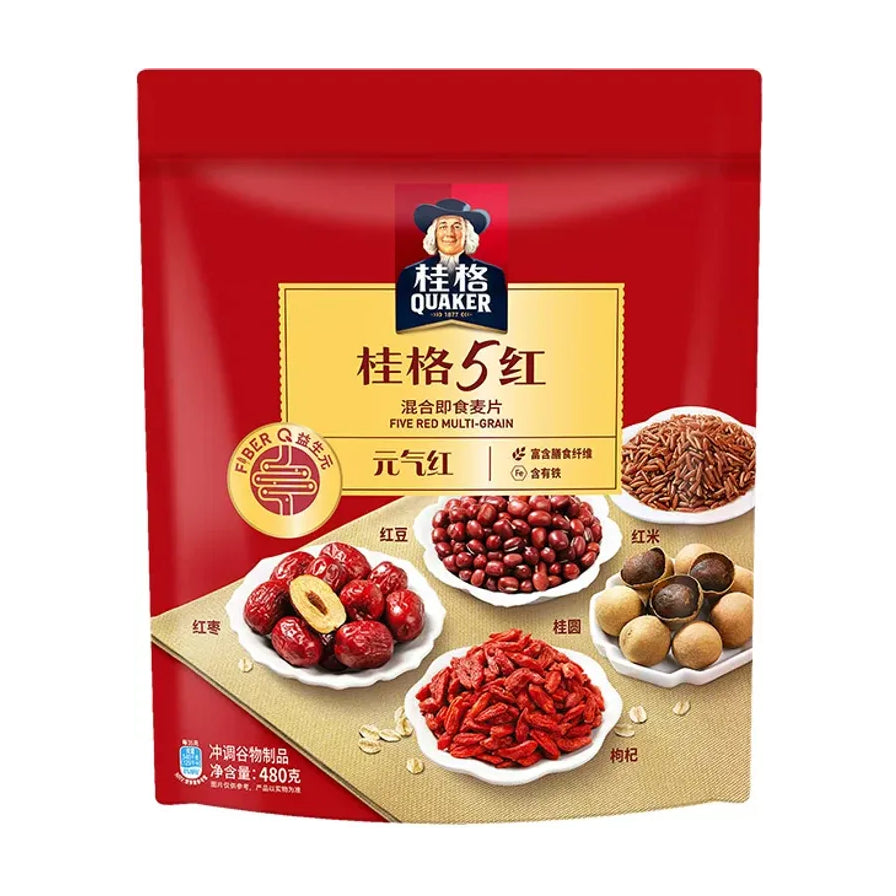桂格5红混合即食麦片480g袋装，包装上展示了红豆、红米、红枣、枸杞、桂圆五种红色食材。