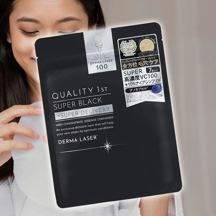 Quality 1st 黑面膜使用示意图，展示膜布贴合面部轮廓的细节