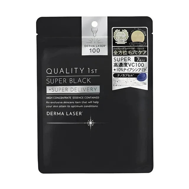 Quality 1st 激光焕颜黑面膜包装袋正面，展示黑色膜布与维 C 护肤功效说明