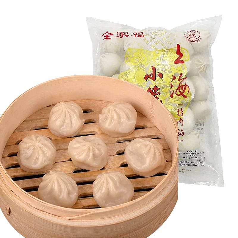 全家福上海猪肉小笼包与生煎包冷冻包装正面图，600g 家庭分享装