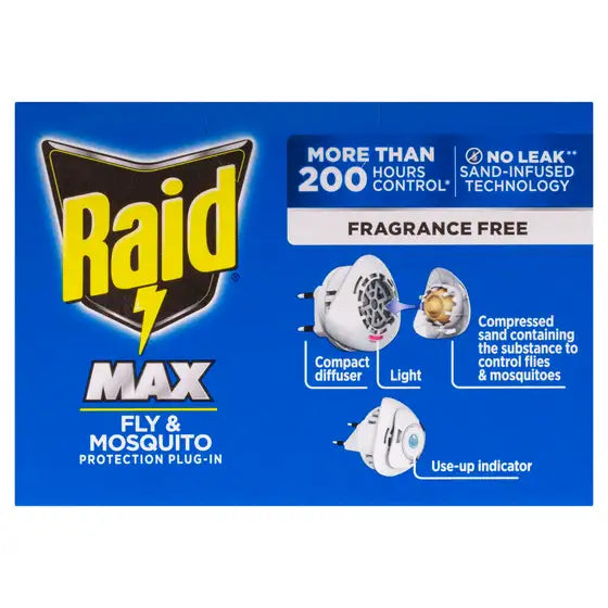 Raid 雷达 MAX 电蚊香套装产品特写，展示无香蚊香片与加热器细节