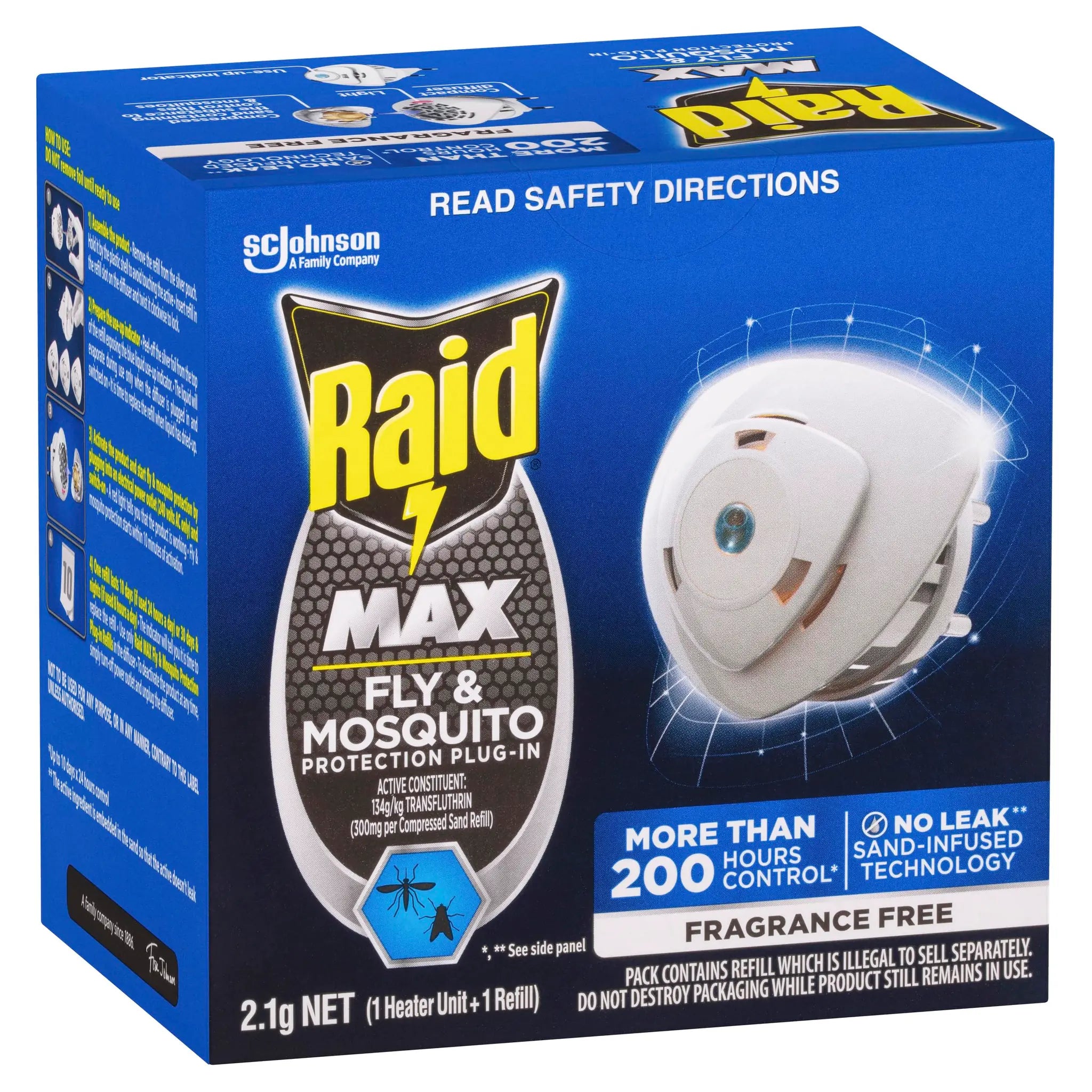 Raid 雷达 MAX 无香电蚊香器与蚊香片套装正面展示，包含加热器和包装盒