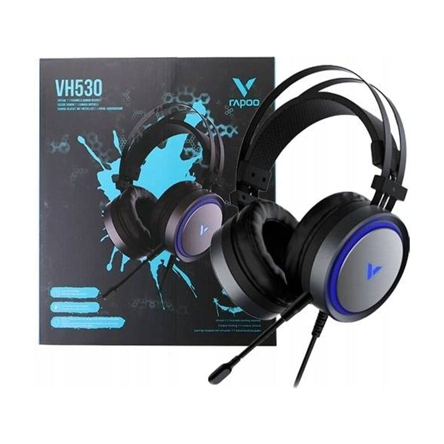 Rapoo雷柏VH530游戏耳机及其产品包装盒，展示耳机实物与包装设计。