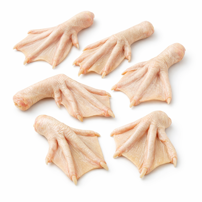 白色背景下未烹饪的生鸭掌原料俯拍图，展示食材新鲜洁净。