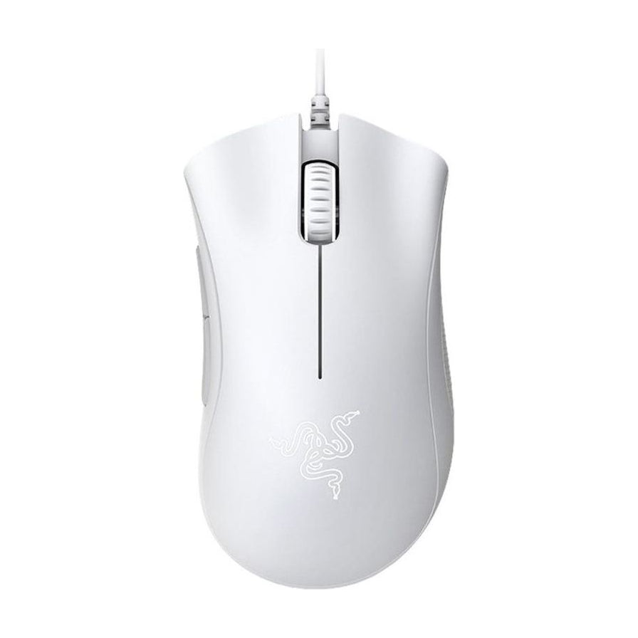 Razer雷蛇炼狱蝰蛇标准版白色新版有线鼠标俯视图，展示纯白机身、滚轮及雷蛇Logo。