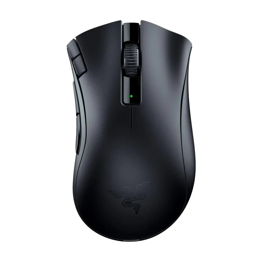 Razer 雷蛇 DeathAdder V2 X HyperSpeed 炼狱蝰蛇 V2 X 极速版无线鼠标俯视图，展示黑色人体工学外壳、滚轮及雷蛇标志。