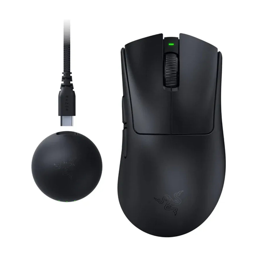 Razer 雷蛇炼狱蝰蛇 V3 专业版黑色无线鼠标及其配件，包括无线接收器底座和 USB - C 充电线