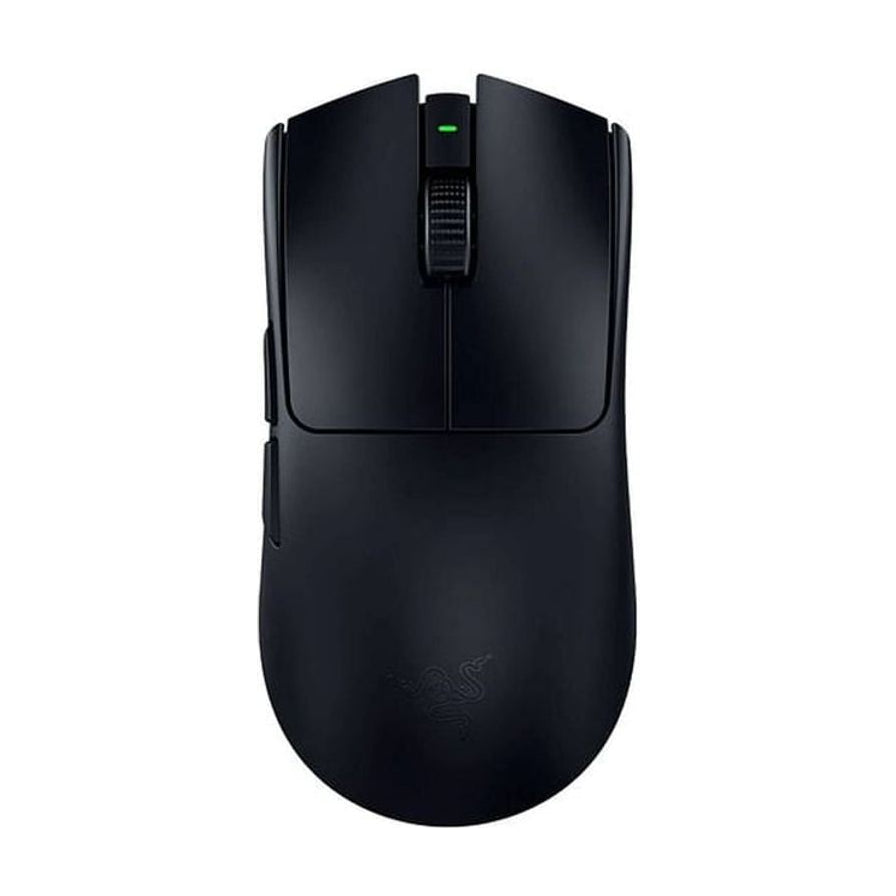 Razer 雷蛇炼狱蝰蛇 V3 专业版黑色无线鼠标俯视图，展示极简人体工程学设计与滚轮指示灯