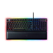 Razer 雷蛇 Huntsman V2 旗舰版机械键盘俯视图，展示全尺寸按键布局、RGB 幻彩灯效及配套的人体工学皮革腕托。