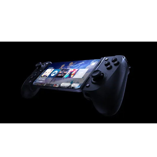 黑色 Razer 雷蛇骑仕 V3 游戏手柄夹持手机展示，屏幕显示游戏界面，纯黑背景侧视图。
