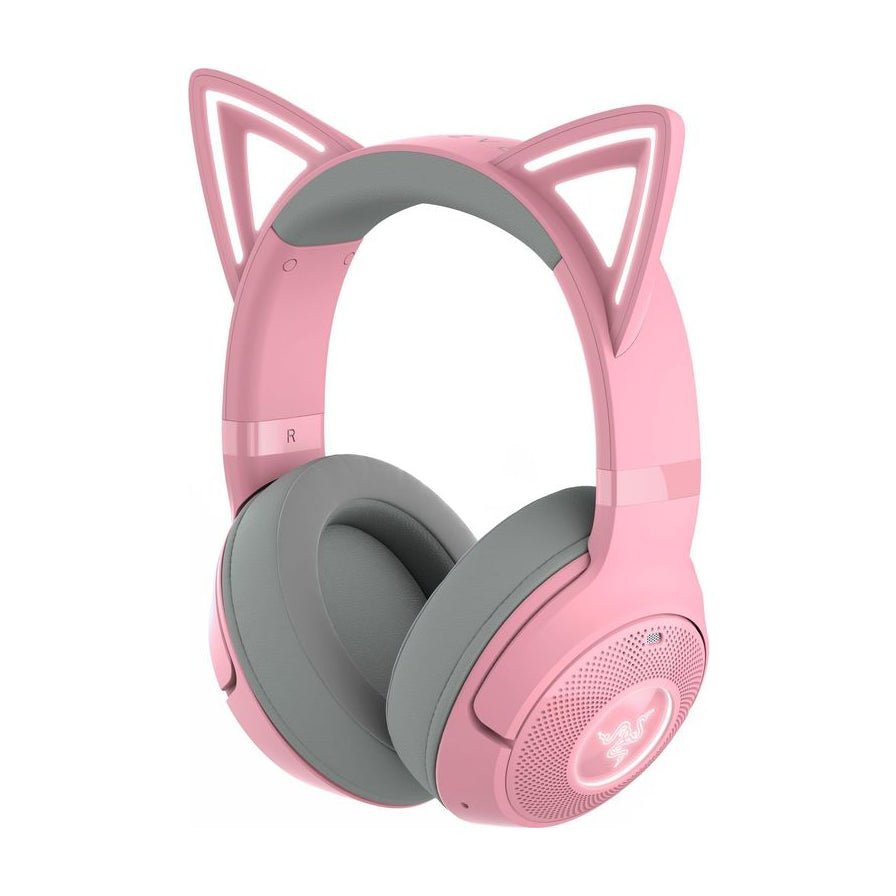 Razer雷蛇北海巨妖萌猫版V2 BT无线游戏耳机，粉色机身配有加大猫耳设计，耳罩侧面带有发光的雷蛇Logo。