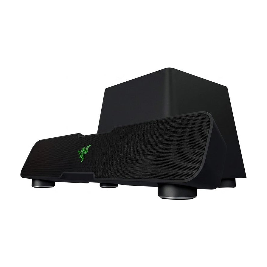 Razer 雷蛇利维坦巨兽 V2 桌面游戏音箱，包含长条形音箱和独立的下沉式低音炮，纯白背景展示。