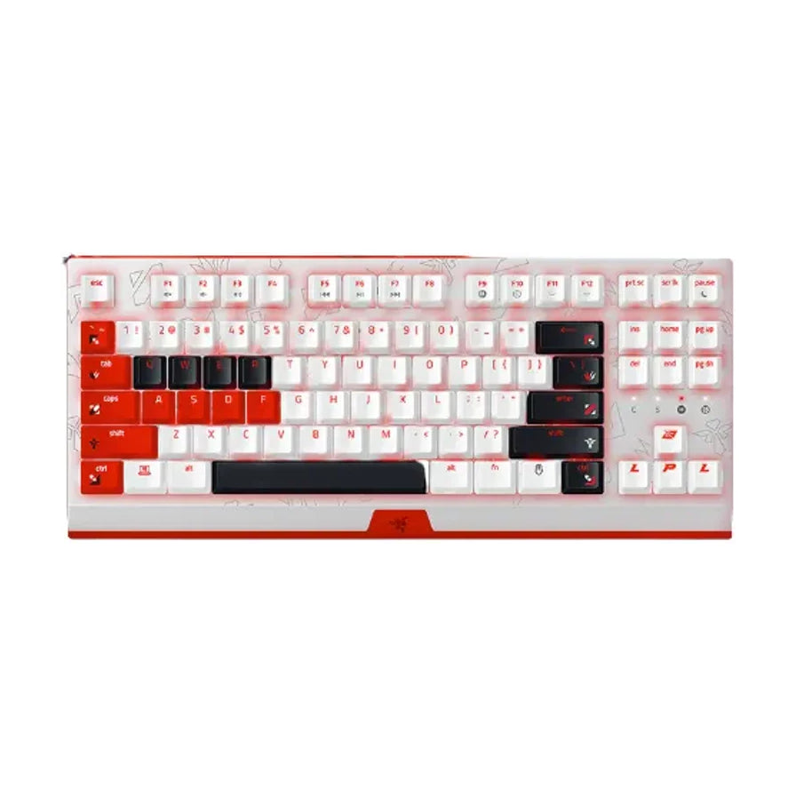 Razer雷蛇LPL限定款机械键盘，采用红白黑三色键帽设计，87键紧凑布局，带有红色背光效果。