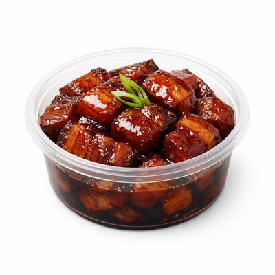 透明圆盒装的红烧肉成品，色泽红亮，肥瘦相间的五花肉块浸在浓郁酱汁中，白色背景。