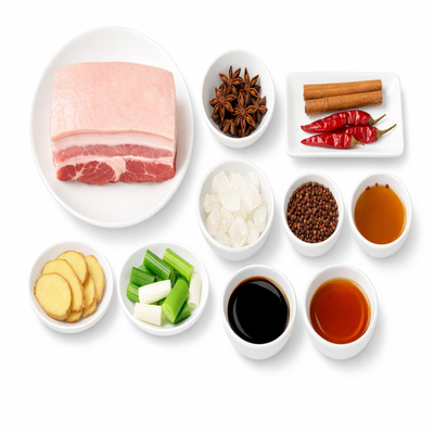 红烧肉食材俯拍图，白色背景上摆放着五花肉、八角、桂皮、干辣椒、冰糖、花椒、姜葱及调味料。