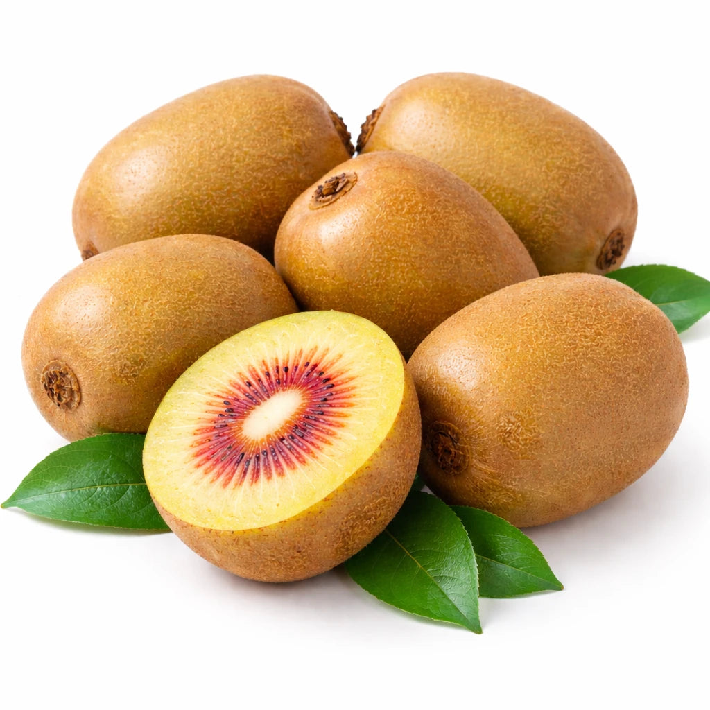 六颗澳洲红心奇异果特写，展示红润果心和饱满表皮