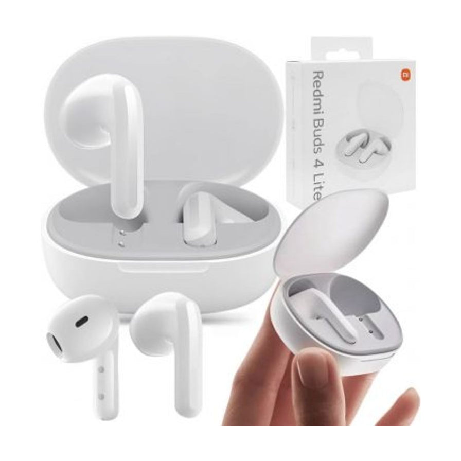 Redmi Buds 4 青春版耳机多视角展示，包含充电盒、耳机本体及外包装盒。