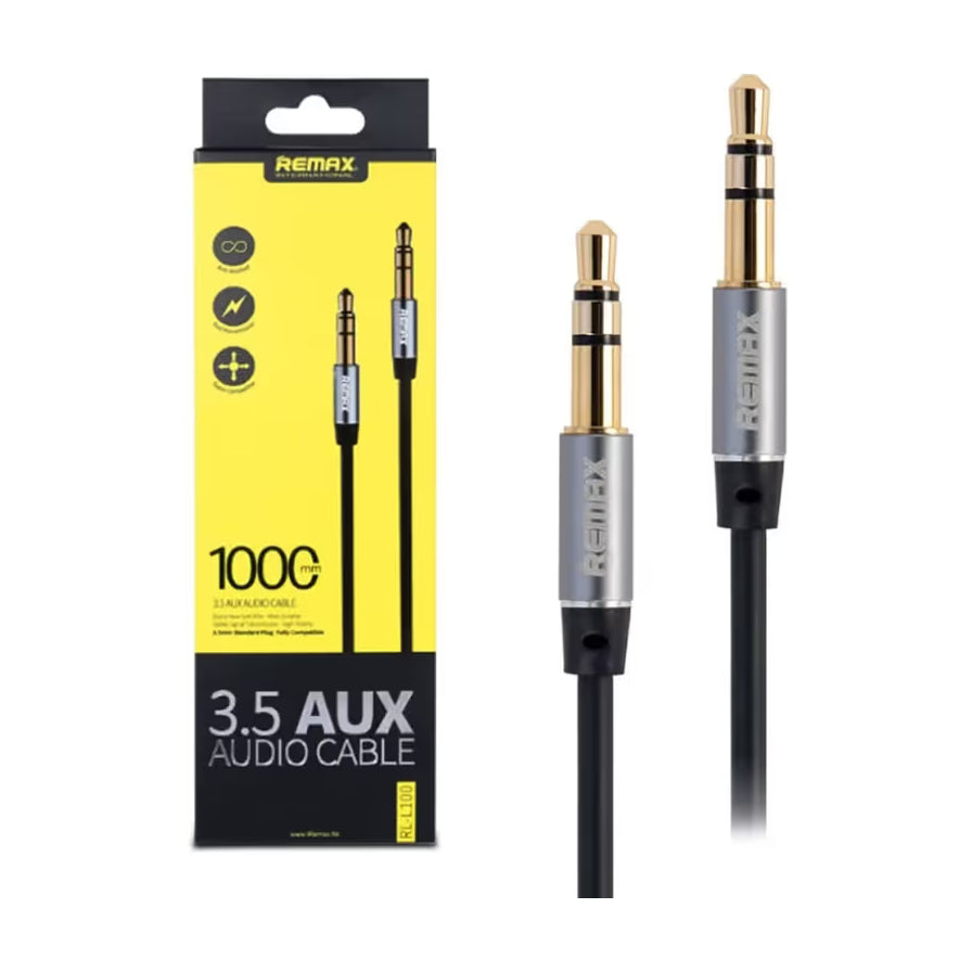 REMAX 3.5mm AUX 音频线包装盒及插头细节，展示金色 3.5mm 接口与灰色金属外壳，包装印有 1000mm 长度标识。