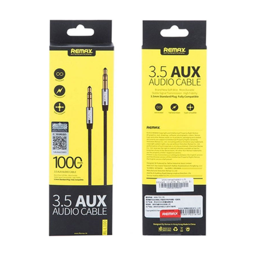 REMAX 3.5mm AUX 音频线包装盒正反面展示，背面印有详细的产品规格说明与条形码。