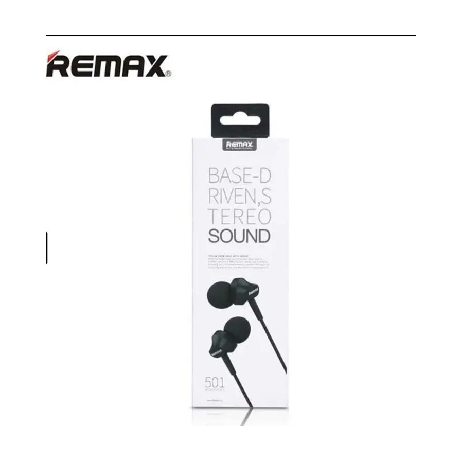 REMAX 501 有线耳机白色包装盒正面视图，上方带有 REMAX 品牌标志，包装上印有耳机渲染图。