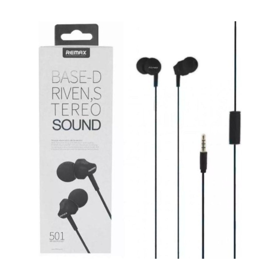 REMAX 501 有线入耳式耳机及其白色外包装盒，展示了黑色耳机本体、3.5mm 接口和线控部分。