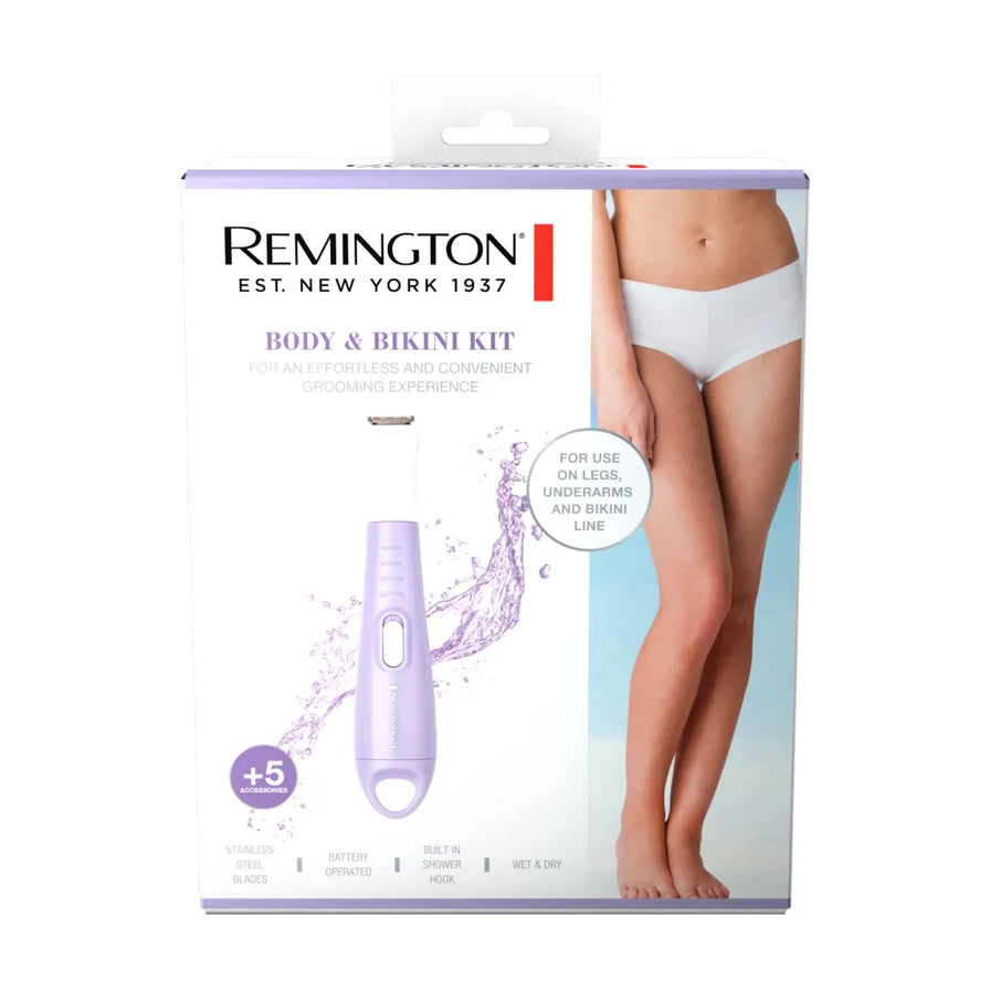 Remington 身体与比基尼护理套装产品包装盒，盒面印有模特腿部图示及产品功能说明。