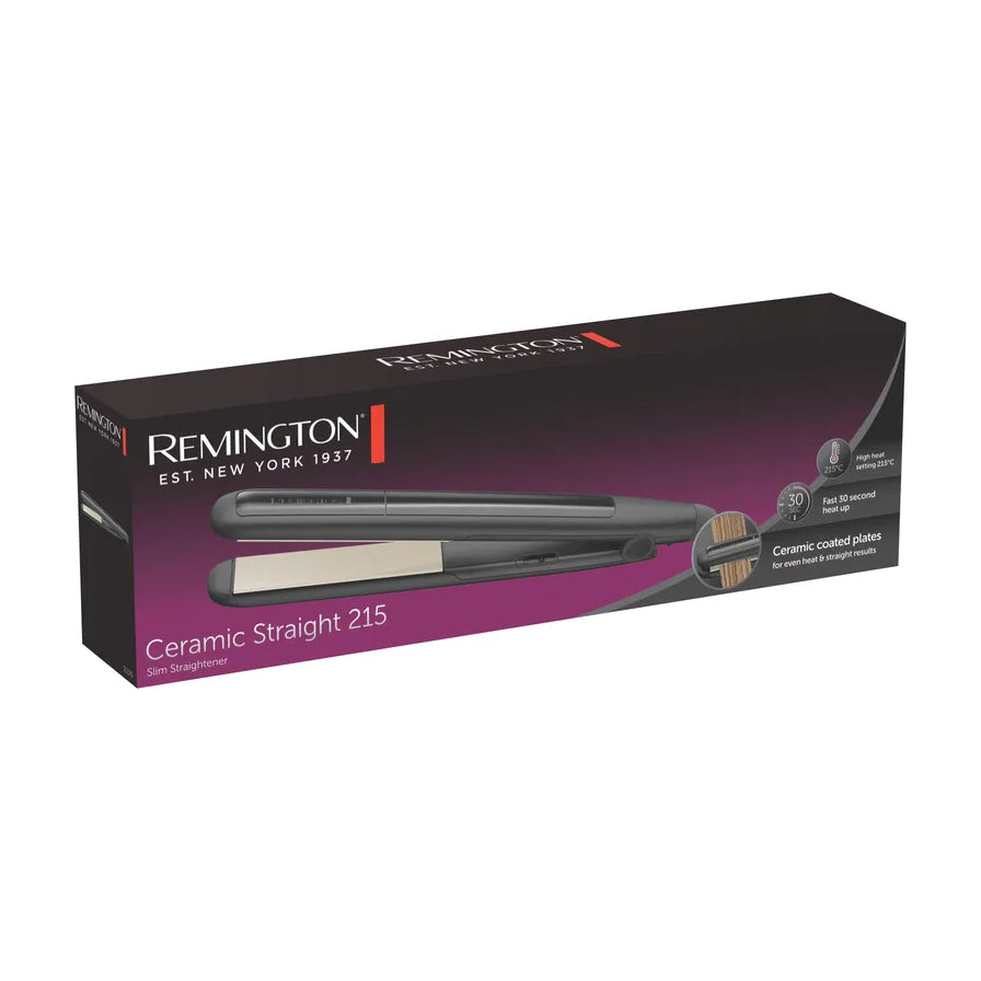 Remington 雷明顿 Ceramic Straight 215 直发器 S1370 包装盒，展示黑色直发器外观及陶瓷涂层、30秒快热、215度恒温等功能图标。