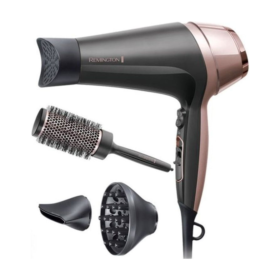 Remington 雷明顿沙龙级吹风机套装主图，包含黑玫瑰金主机、集风嘴、扩散风嘴及圆形造型梳，白底展示。