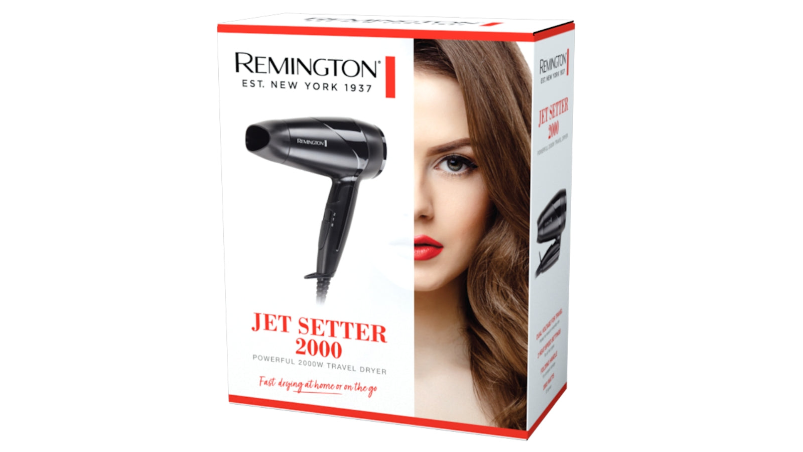 雷明顿 Jet Setter 2000 旅行电吹风机产品包装盒，盒面印有模特发型效果图。