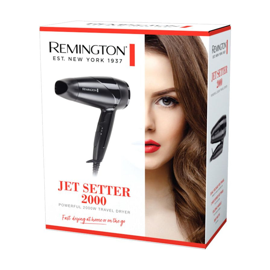 Remington Jet Setter 2000 电吹风机产品包装盒正面图，印有品牌 Logo、产品型号及模特发型展示。