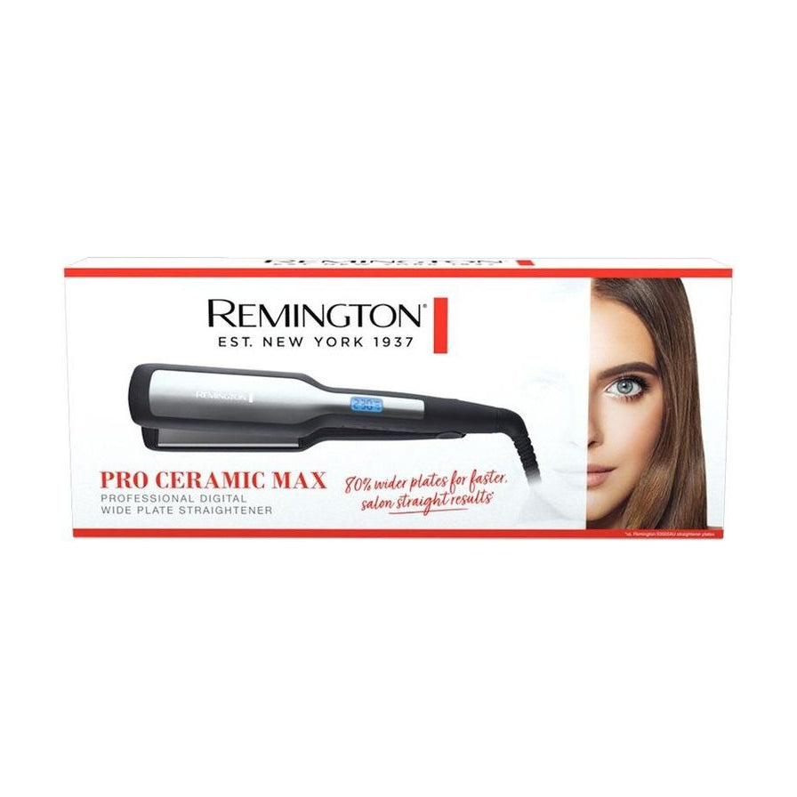 Remington Pro Ceramic Max 直发梳产品包装盒正面图，包含品牌 Logo、产品图示及模特展示。