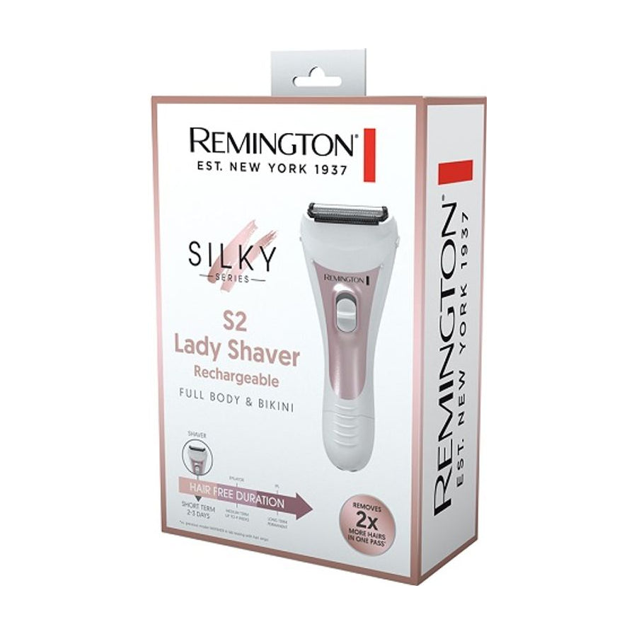Remington Silky S2 女士剃毛刀产品包装盒正面图，印有品牌 Logo、型号及全身适用标识。