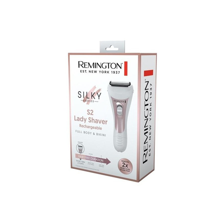 Remington Silky S2 女士电动剃毛器产品包装盒正面展示，白色与玫瑰金配色。