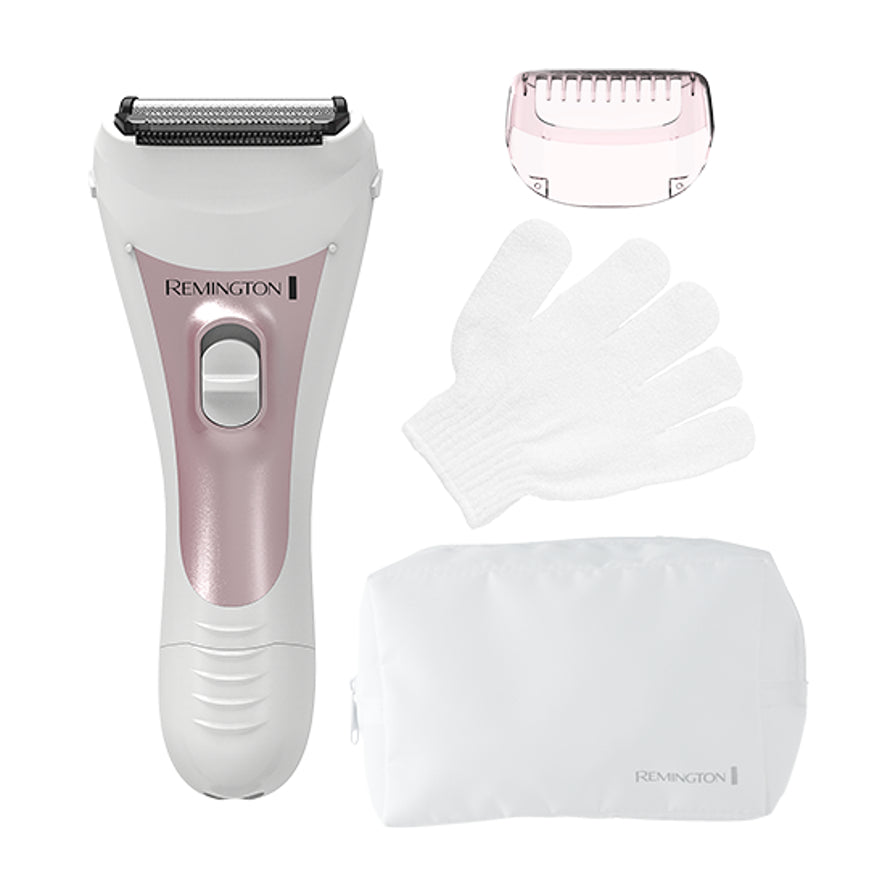 Remington Silky S2 女士电动剃毛刀主体及配件展示，包含粉色机身、透明保护盖、清洁手套和收纳袋。