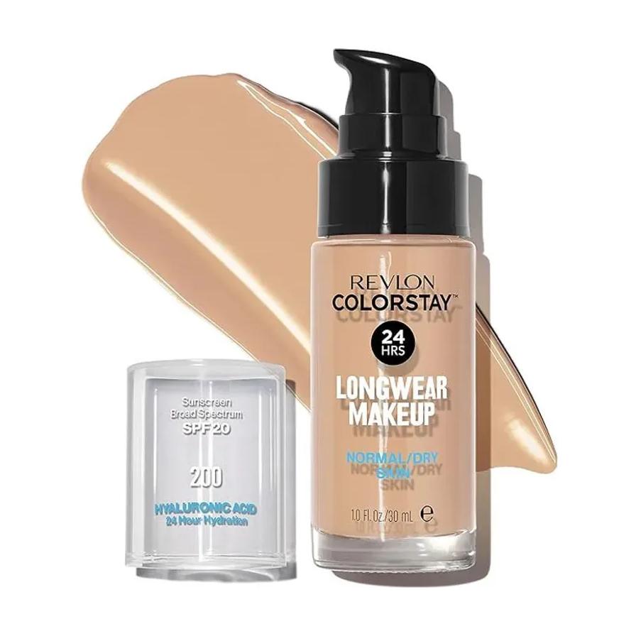 露华浓 ColorStay 粉底液瓶身与质地试色展示，含 SPF20 防晒标识