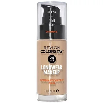 露华浓 Colorstay 24 小时持妆粉底液瓶身正面图，色号 150 Buff，适合混合及油性肌肤