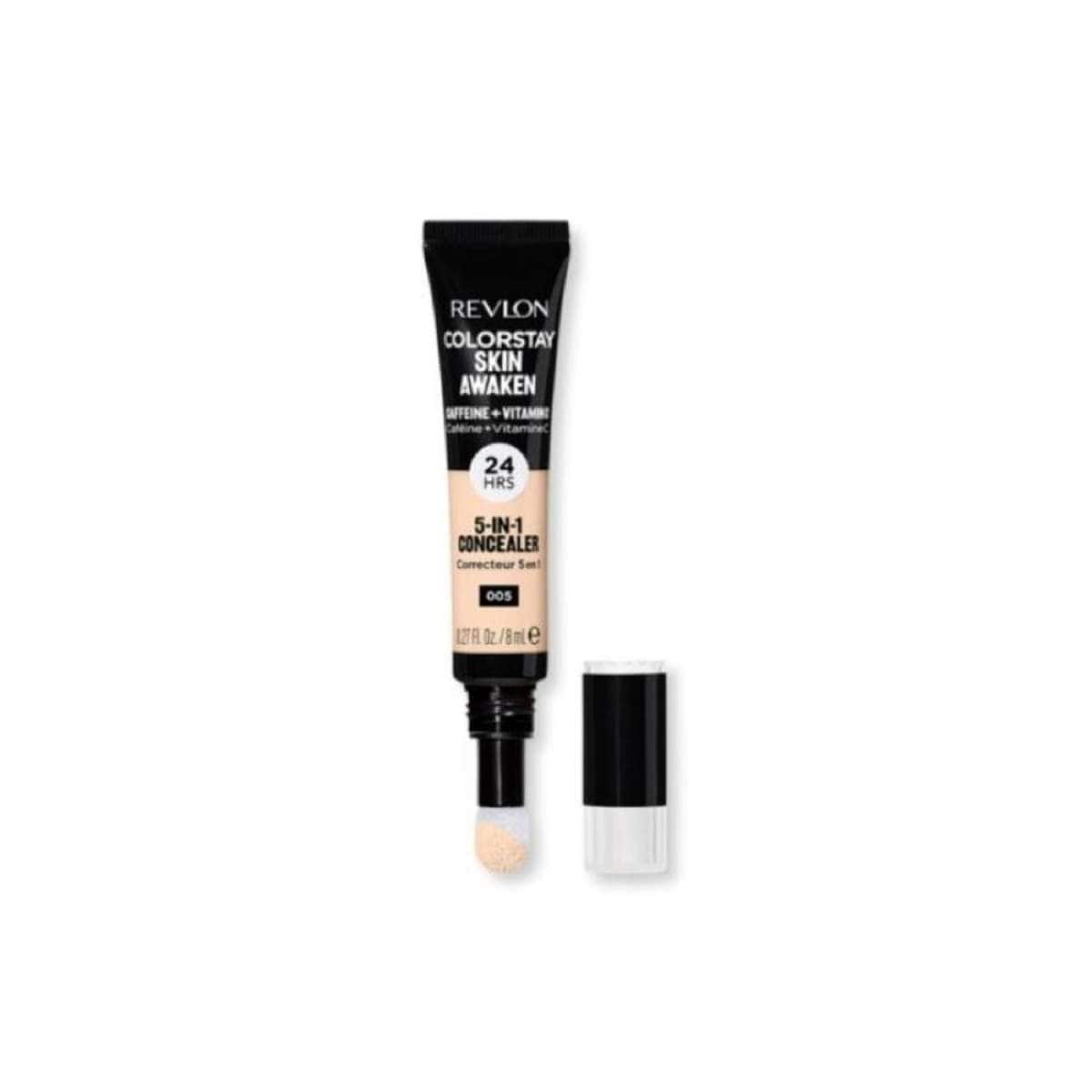 REVLON ColorStay Skin Awaken 5 合 1 遮瑕液产品图，展示黑色管身、海绵刷头及色号 005。