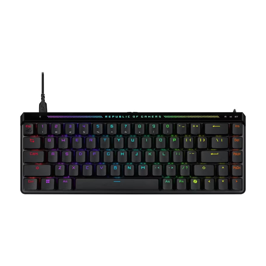 ROG 魔导士 Ace HFX 电竞磁轴键盘俯视图，展示紧凑布局、RGB 背光按键及顶部 Republic of Gamers 标识。