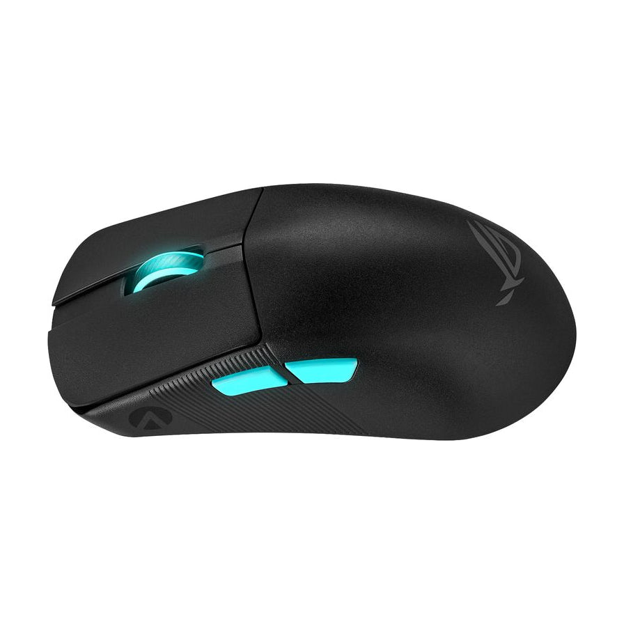 ROG 龙鳞 ACE AimLab 合作版黑色无线鼠标侧视图，展示青蓝色滚轮与侧键，以及尾部 ROG 标志。