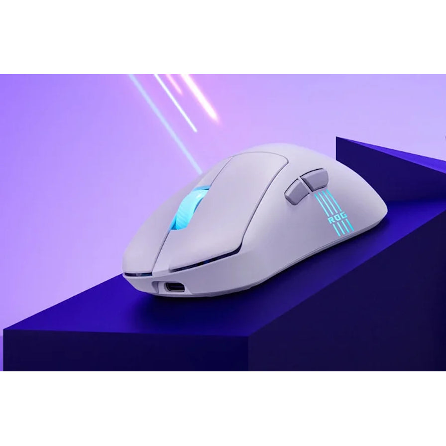 ROG 月刃 2 白色无线鼠标放置在深蓝色几何展台上，背景为紫色电竞氛围灯光。