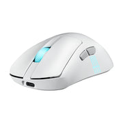 ROG 月刃 2 白色无线游戏鼠标，斜侧视角展示，蓝色滚轮灯效与侧边 ROG 标志灯效，黑色背景。