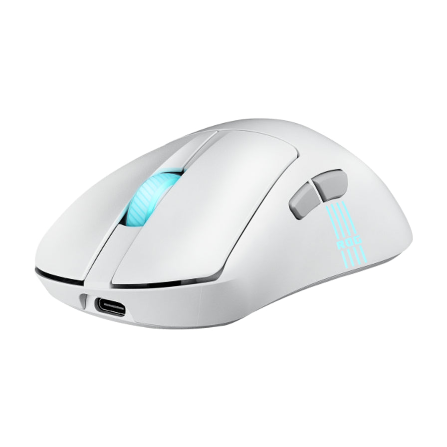 ROG 月刃 2 白色无线游戏鼠标，斜侧视角展示，蓝色滚轮灯效与侧边 ROG 标志灯效，黑色背景。